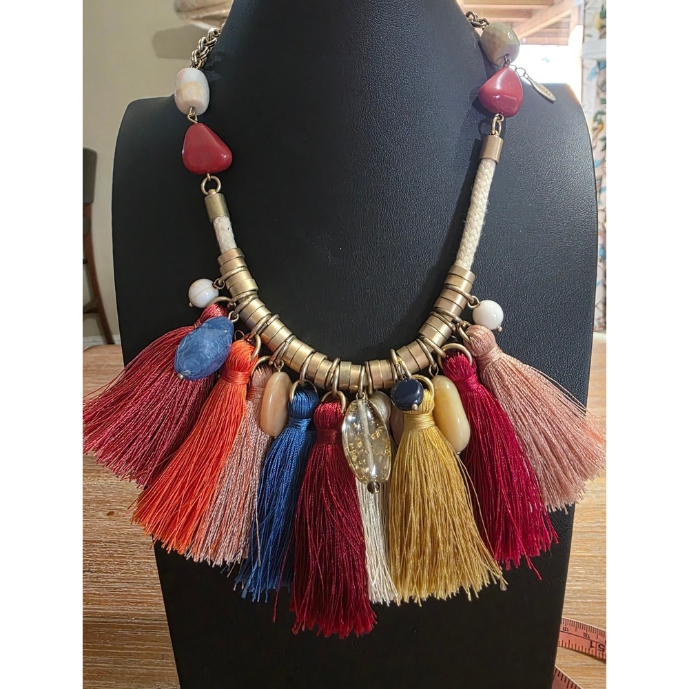 Chicos Multi Color Tassel Statement Necklace Gold Tone Stone Bead Boho 10 in